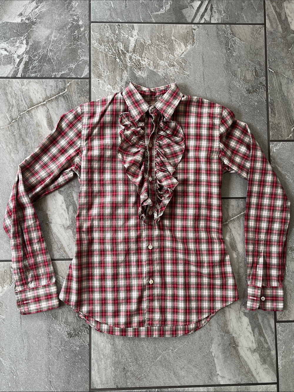 ❤️ Ralph Lauren Button Down Size 4 Plaid Ruffled Collar 100% Cotton